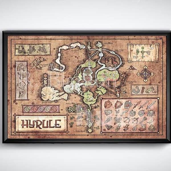 Map of Hyrule from Legend of Zelda, Twilight Princess - English or Hylian, Zelda Map, Hyrule Map 11x17 or 13x19 or 17x25