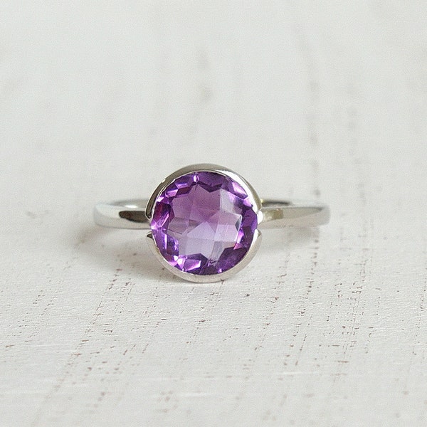 Amethyst Solitaire Ring in Sterling Silver | Faceted Natural Gemstone