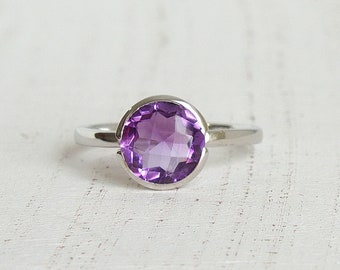 Amethyst Solitaire Ring in Sterling Silver | Faceted Natural Gemstone