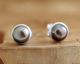 Peacock black pearl earrings in sterling silver 7mm iridescent freshwater pearl