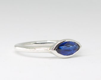 Blue Kyanite ring sterling silver Marquise cut natural gemstone Minimalist stacking band