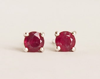 4mm Ruby Stud Earrings in Sterling Silver, Natural Precious Gemstone, Minimalist Jewelry