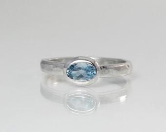 Natural blue Aquamarine ring Hammered sterling silver band Size 7 March birthstone