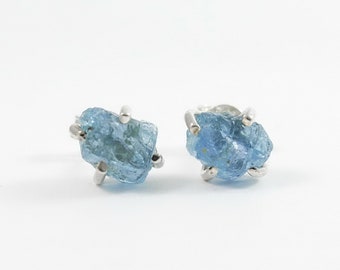 Aqua Blue Apatite Rough Gemstone Stud Earrings, Sterling Silver Organic Boho Jewelry - 6mm
