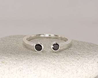 Dainty Black Spinel Dual Gemstone Open Ring in Sterling Silver