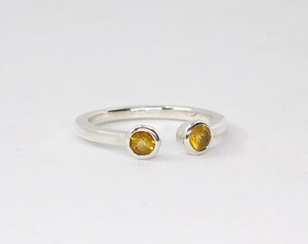 Citrine Dual Gemstone Cuff Ring - Minimalist Sterling Silver Open Band - Dainty Stackable Jewelry