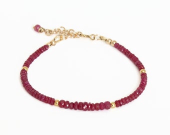 Dainty Ruby Bracelet with Gold Filled Clasp and Beads, 3mm - Minimalist Jewelry