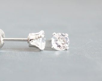 4mm White Topaz Stud Earrings - Minimalist Dainty Jewelry in Sterling Silver