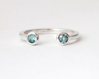 Dainty open ring Blue topaz dual gemstone in sterling silver Minimalist jewelry