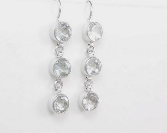 White topaz three stone drop earrings in sterling silver Natural dangling gemstones