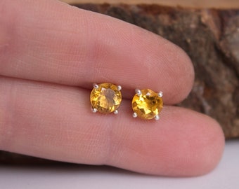 6mm Natural Citrine Stud Earrings in Sterling Silver | Golden Yellow Gemstone Jewelry