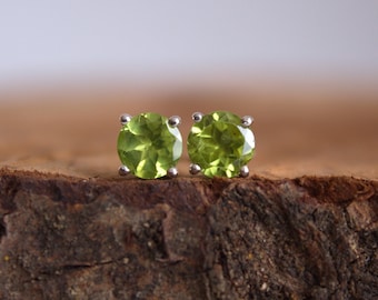 6mm Natural Peridot Stud Earrings in Sterling Silver, Vivid Green Gemstone Jewelry