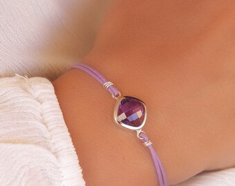 Sterling silver amethyst bracelet on a purple cord Everyday boho chic jewelry
