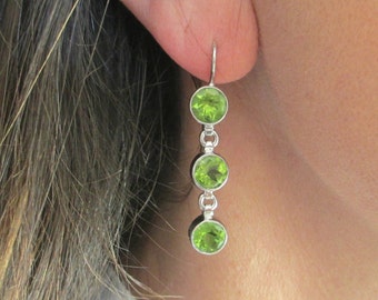 Sterling Silver Earrings with 3 Dangling Natural Peridot Gemstones