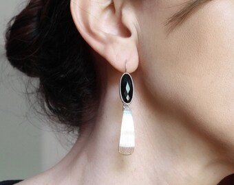 Long Black Onyx Earrings, Brushed Sterling Silver - Geometric Edgy Jewelry