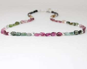 Dainty Watermelon Tourmaline Necklace, Smooth Multicolour Beads, Sterling Silver