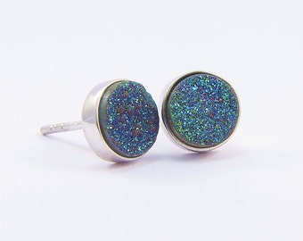 Peacock druzy earrings Sterling silver bezel 6mm small ear studs