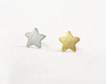 8mm Star Stud Earrings in Brushed Sterling Silver or Gold Vermeil - Minimalist Jewelry