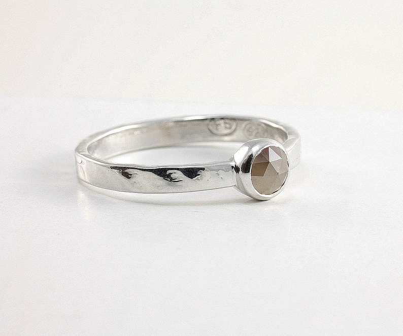 Brown rose cut diamond ring hammered sterling silver band Size 7 Rustic jewelry