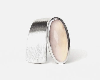 Pale pink chalcedony ring Brushed sterling silver wide open band with gemstone Edgy jewelry