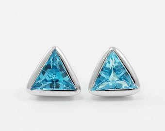 7mm Blue Topaz Triangle Stud Earring in Sterling Silver, Natural Gemstone, Geometric Jewelry