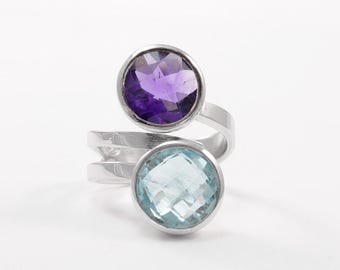 Amethyst  and blue topaz double stone ring in sterling silver Wrap around Statement jewelry