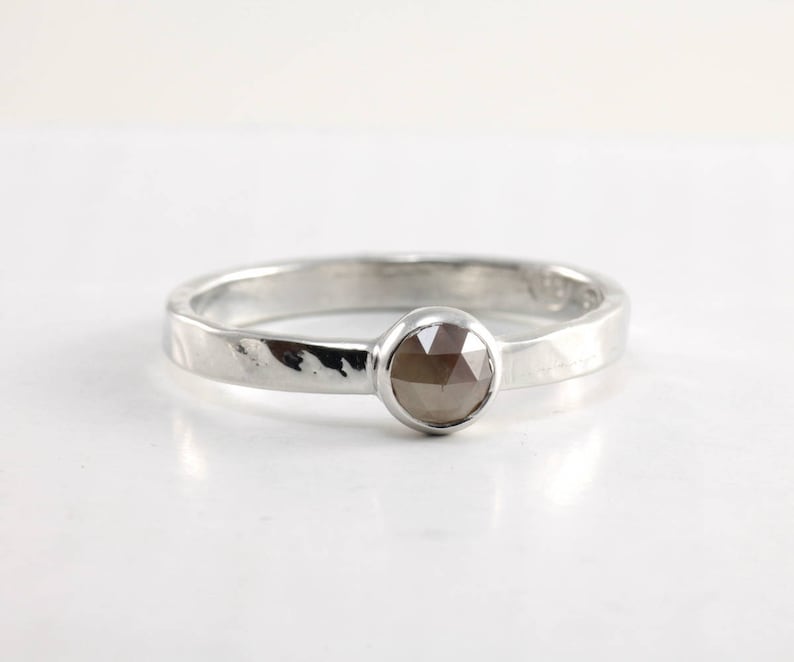 Brown rose cut diamond ring hammered sterling silver band Size 7 Rustic jewelry