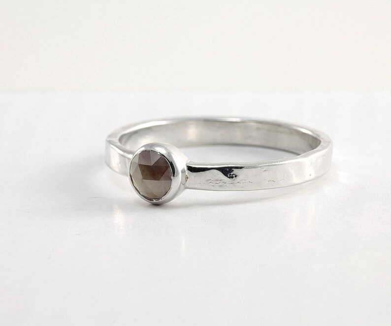 Brown rose cut diamond ring hammered sterling silver band Size 7 Rustic jewelry