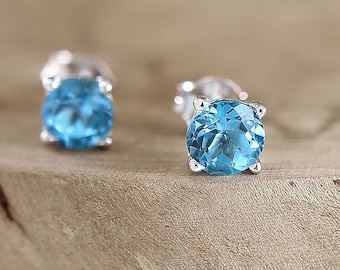6mm Blue Topaz earrings Sterling silver studs December birthstone jewelry