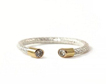 Bague diamant or 18K et argent 925 Bague fine ouverte avec deux pierres