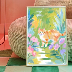 Orange Tabby Cat Fine Art Print, Lily Pad Floral Poster, Home Office Wall Decor, Cute Animal Illustration, Nature-Inspired Artwork
