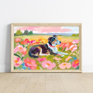 Cute Sleeping Puppy Dog Art Print | Floral Pet Art | Dog Pet Portrait | Floral Dog Painting | Flower Field Fine Art Poster