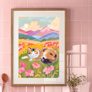Mountain Cat Painting  | Floral Cat Art | Posies Painting | Fine Art Print Nature Plant Flower Field Poster Home Decor | Mountain Wall Art