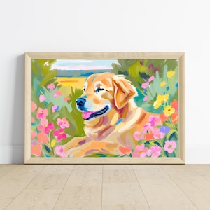 Cute Golden Retriever Art Print | Floral Pet Art | Dog Pet Portrait | Floral Dog Painting | Flower Field Fine Art Poster