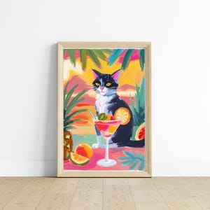 Tropical Cat Bar Poster Fine Art Print, Cute Cat Decor, Funny Wall Art, Cat Lover Gift, Home Bar Decor Bar Cart Art | Black and White Cat
