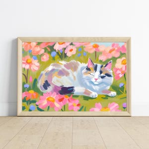 Sleepy Cat in Flower Field Art Print | Whimsical Wall Decor | Pet Lover Gift | Cozy Home Aesthetic | Cute Cat Artwork