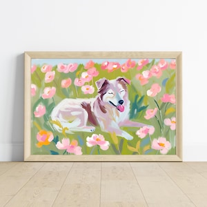 Sleeping White Dog Art Print, Pink Floral Pet Portrait, Flower Field Dog Wall Decor, Cute Pet Gift, Home Decor Animal Artwork