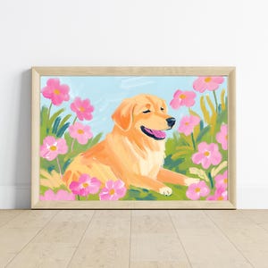 Cute Sleeping Golden Retriever Dog Art Print | Floral Pet Art | Dog Pet Portrait