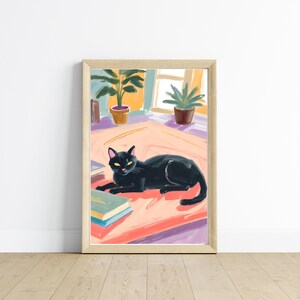 Relaxing Black Cat Fine Art Print | Unique Home Decor, Wall Art, Cat Lover Gift, Cozy Aesthetic, | Black Cat Art | Plants and Cats
