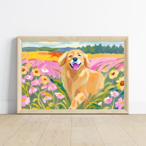 Golden Retriever Art Print | Floral Pet Art | Dog Pet Portrait | Floral Dog Painting | Flower Field Fine Art Poster