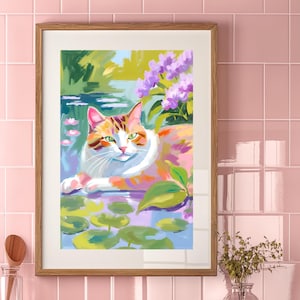 Lilypad Cat Floral Art Poster | Beautiful Botanical Wall Decor | Cute Cat Prints for Animal Lovers Aesthetic Poster Print Anime Nature Art