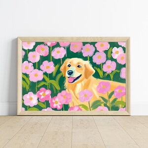 Cute Sleeping Golden Retriever Dog Art Print | Floral Pet Art | Dog Pet Portrait