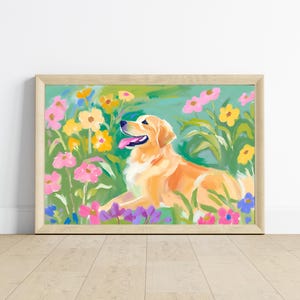 Cute Sleeping Puppy Golden Retriever Dog Art Print | Floral Pet Art | Dog Pet Portrait | Floral Dog Painting | Flower Field Fine Art Poster