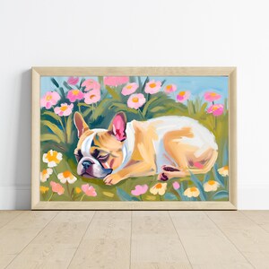 Cute Sleeping French Bulldog Puppy Dog Art Print | Floral Pet Art | Dog Pet Portrait | Floral Dog Painting | Flower Field Fine Art Poster