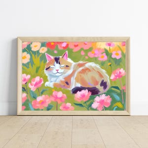 Sleeping Tabby Art Poster | Floral Field Wall Decor, Cat Lover Gift, Cute Animal Print, Home Decoration, Nursery Art | Daisy Floral Art