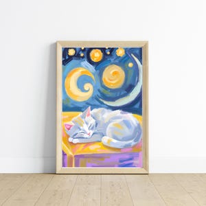Starry Night Sleeping Kitten Art Print | Cute Home Decor Wall Art | Nursery & Kids Room Decor | Perfect Gift for Cat Lovers | White Cat Art