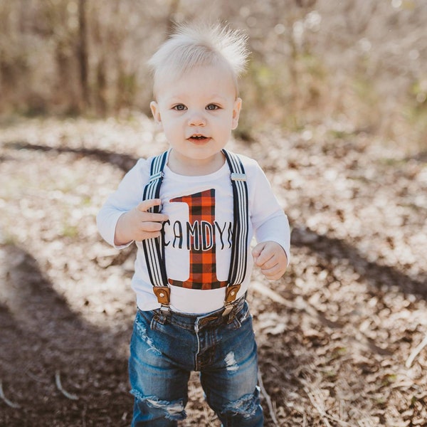 Lumberjack First Birthday Outfit Buffalo Plaid Boy 1st Birthday Shirt Personalized Smash Cake Outfit Distressed Denim Suspender Pant ANY AGE