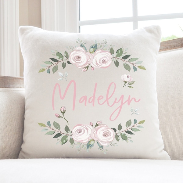 Baby Girl Custom Name Pillow Pink Floral Monogrammed Nursery Pillow Decor Gift for Girl Plush Throw Pillow 16x16