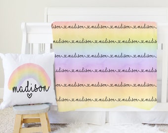 Rainbow Name Blanket Baby Girl Rainbow Blanket Personalized Baby Swaddle Baby Shower Gift Name Blanket Matching Rainbow Pillow