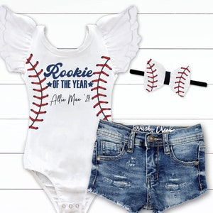 Girl's Rookie of the Year Signature Baseball Outfit Bow Back Leotard Distressed Denim Baseball Birthday